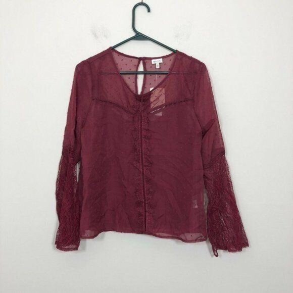 Self Esteem Top Women Size L Burgundy Layered Sheer Swiss Dot Lace Bell Sleeve - Picture 1 of 3